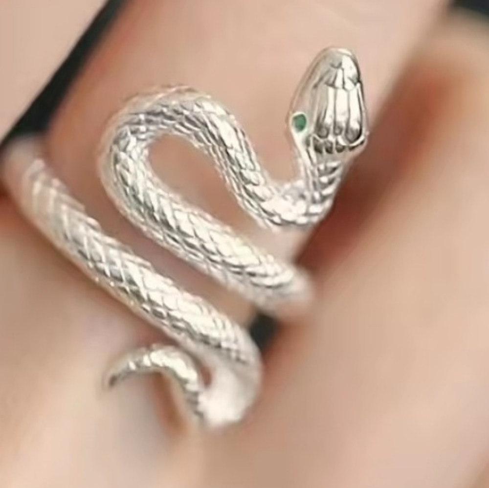 Silver Serpent Ring with Green Accent Adjustable - Picture 1 of 3